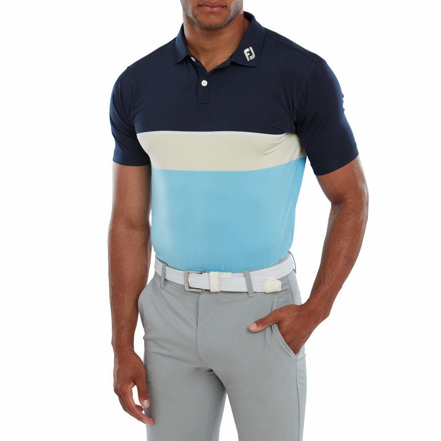 Herren FootJoy Shirts | Colour Block Lisle Navy / Mandel / Hellblau