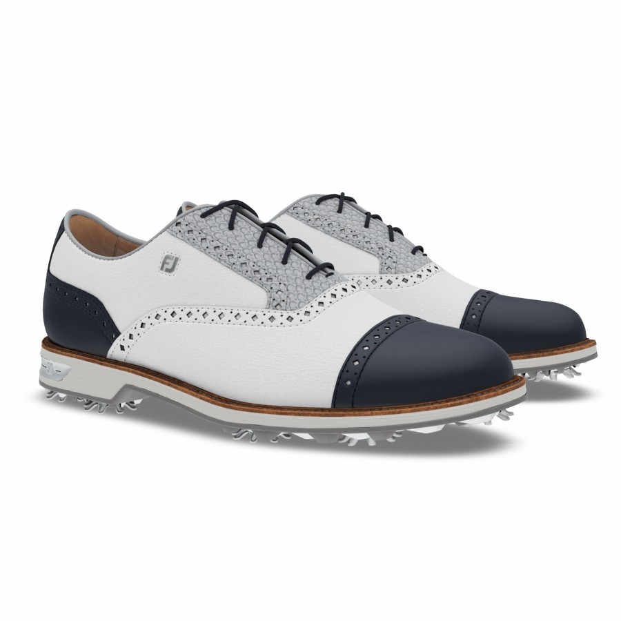 Herren FootJoy Schuhe Mit Spikes | Myjoys Premiere Series - Tarlow Spiked White / Silver Fish Print / Navy