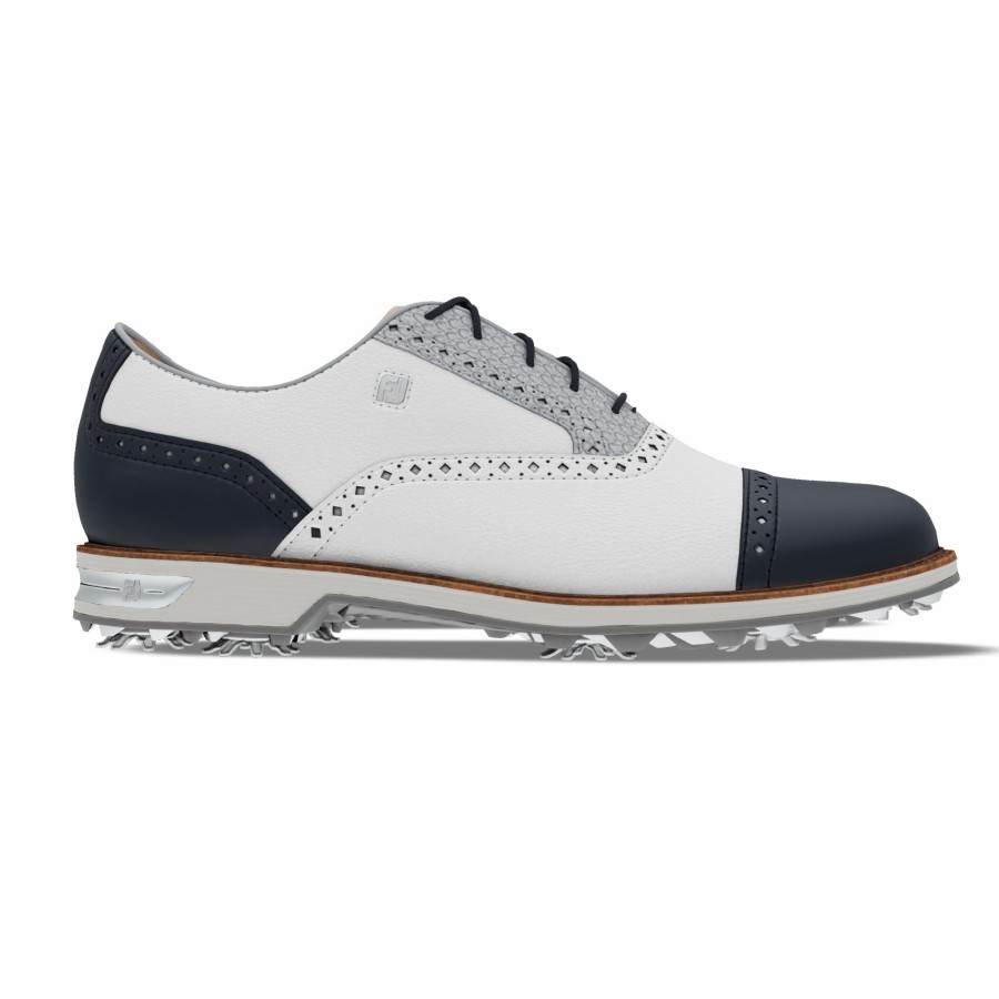 Herren FootJoy Schuhe Mit Spikes | Myjoys Premiere Series - Tarlow Spiked White / Silver Fish Print / Navy