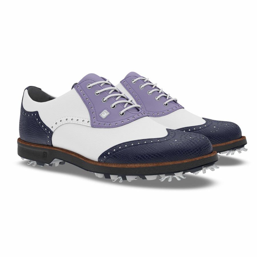 Damen FootJoy Schuhe Mit Spikes | Myjoys Premiere Series Shield Tip Women White / Lavender / Navy