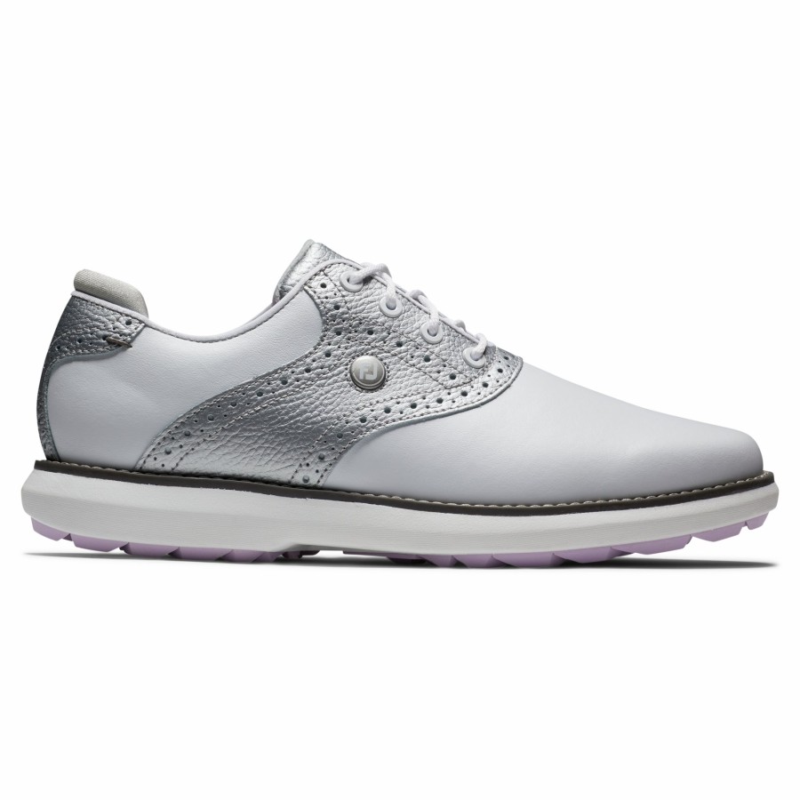 Damen FootJoy Schuhe Ohne Spikes | Fj Traditions Spikeless Damen Weis / Silber / Lila