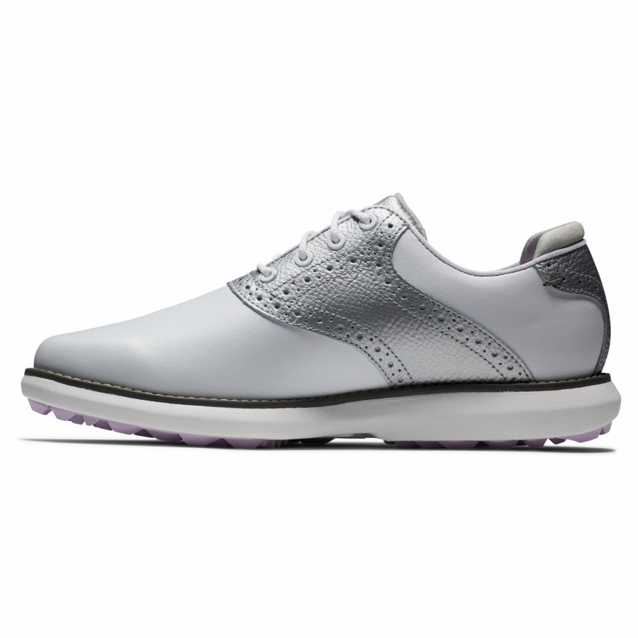 Damen FootJoy Schuhe Ohne Spikes | Fj Traditions Spikeless Damen Weis / Silber / Lila