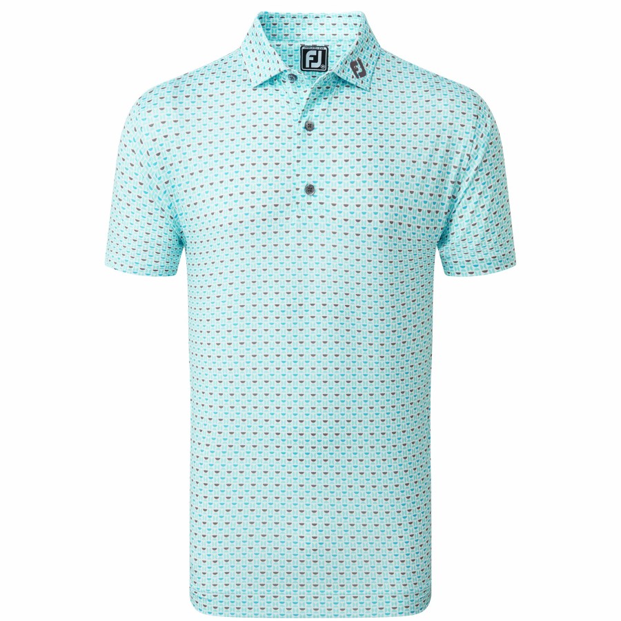 Herren FootJoy Shirts | Halbmond Lisle Weis / Aqua Surf / Blau