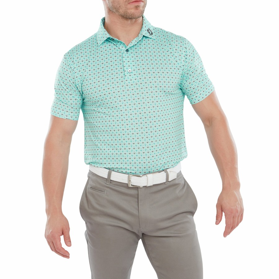 Herren FootJoy Shirts | Halbmond Lisle Weis / Aqua Surf / Blau