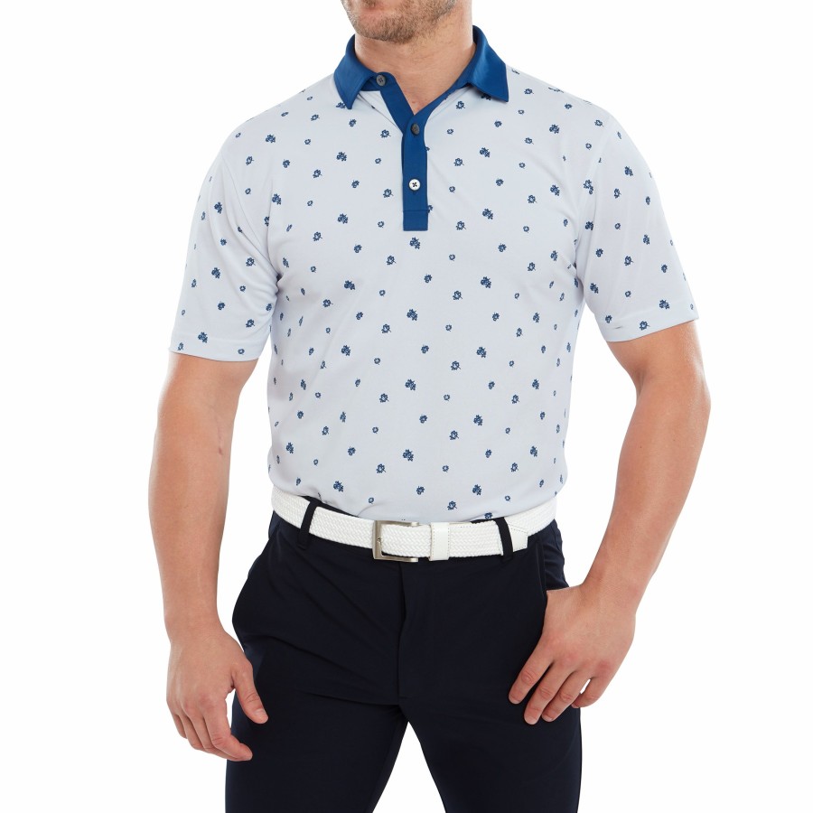 Herren FootJoy Shirts | Blumen Print Pique Weis / Designerblau