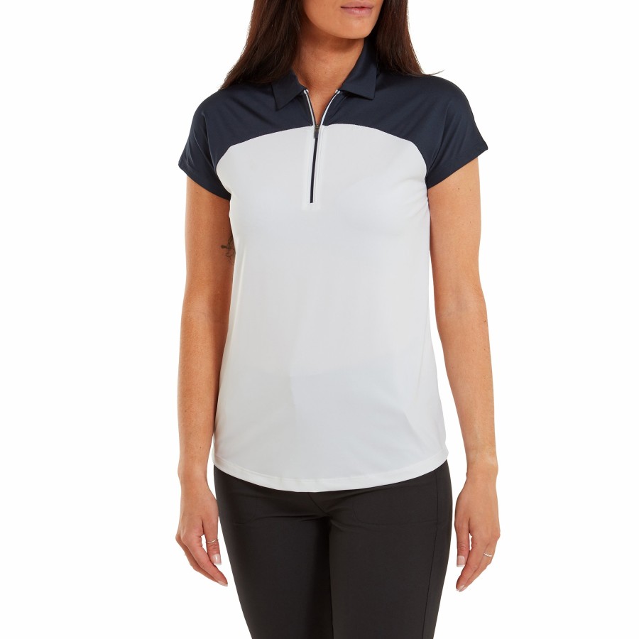 Damen FootJoy | Kurzarmel Colour Block Lisle Navy / Weis